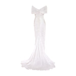 Load image into Gallery viewer, Off shoulder hand pleated draped Satin - like gown