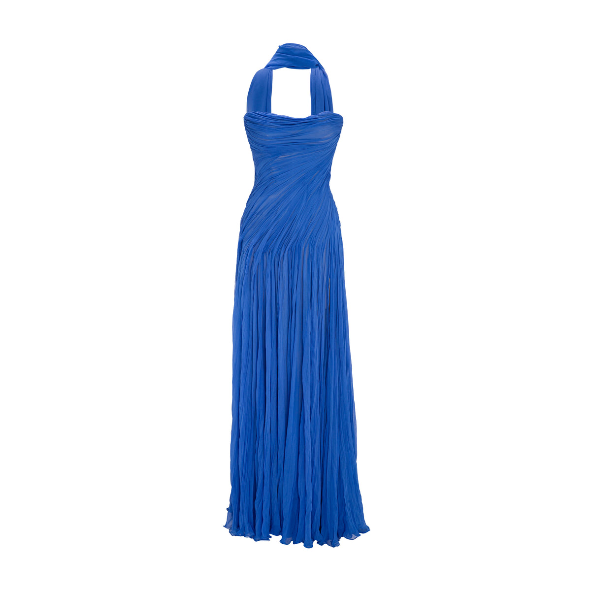 Strapless Hand Pleated Silk Gown Blue / 40