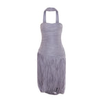 Load image into Gallery viewer, YASMINA - STRAPLESS PLEATED SILK MIDI WITH CORSET AND FRINGES