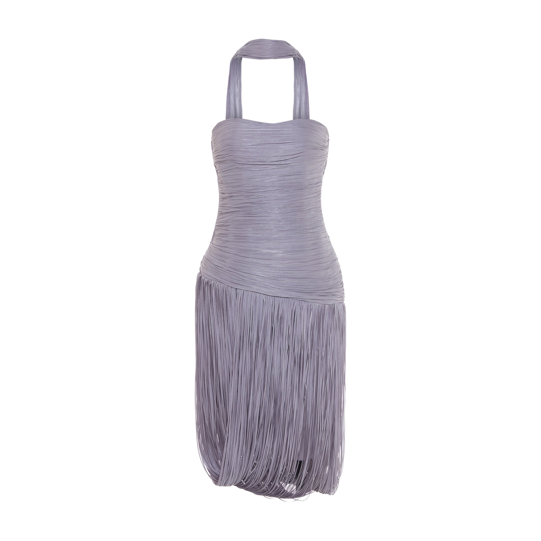 YASMINA - STRAPLESS PLEATED SILK MIDI WITH CORSET AND FRINGES