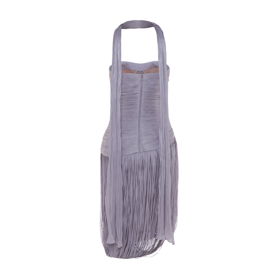 YASMINA - STRAPLESS PLEATED SILK MIDI WITH CORSET AND FRINGES