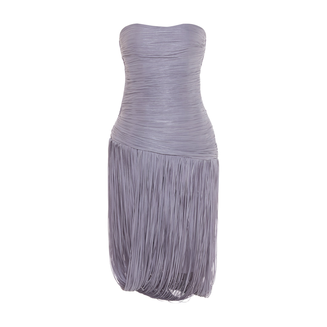YASMINA - STRAPLESS PLEATED SILK MIDI WITH CORSET AND FRINGES