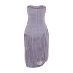 Load image into Gallery viewer, YASMINA - STRAPLESS PLEATED SILK MIDI WITH CORSET AND FRINGES