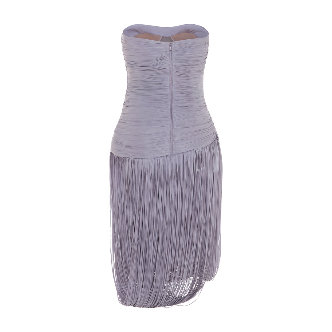 YASMINA - STRAPLESS PLEATED SILK MIDI WITH CORSET AND FRINGES