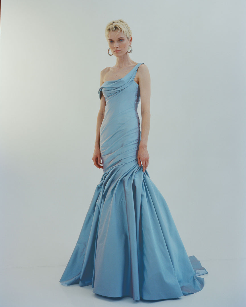 LOURDES - ASYMMETRICAL TWO-TONE TAFFETA FISH-CUT GOWN