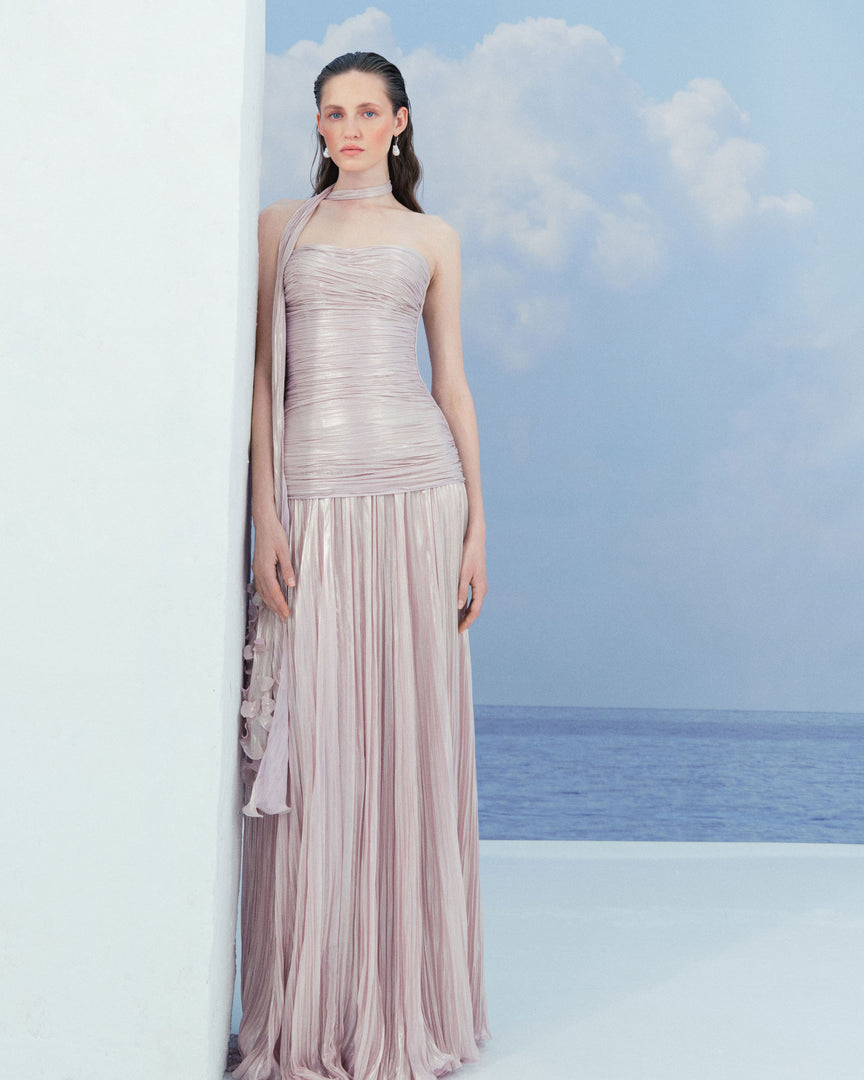 DAYANA - STRAPLESS PLEATED SILK GOWN WITH CORSET AND A-LINE SKIRT