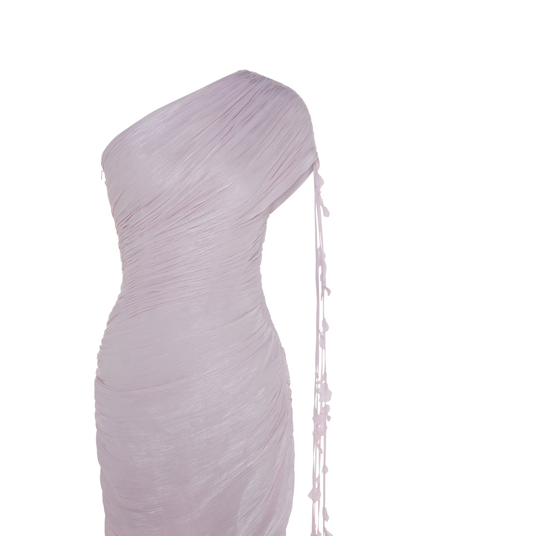 ISEL - ONE-SHOULDER PLEATED SILK GOWN WITH PETALS AND SLIT