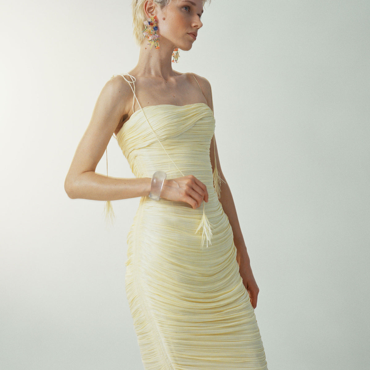BEATRIZ - STRAPLESS PLEATED SILK GOWN WITH CORSET AND FRINGE STRAPS Yellow / 40 / SILK BEATRIZ - STRAPLESS PLEATED SILK GOWN WITH CORSET AND FRINGE STRAPS Yellow / 40 / SILK