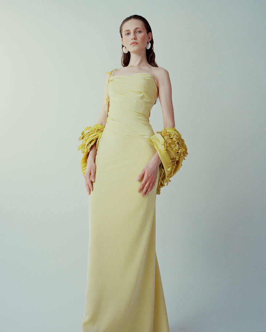 LISANDRA - ONE-STRAP DRAPED SATIN GOWN WITH CORSET