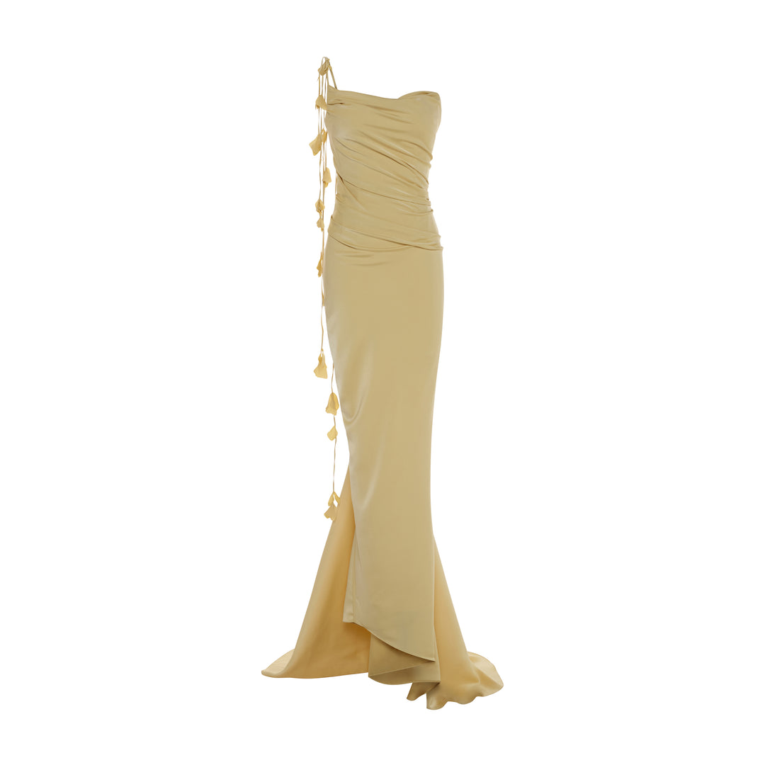 LISANDRA - ONE-STRAP DRAPED SATIN GOWN WITH CORSET
