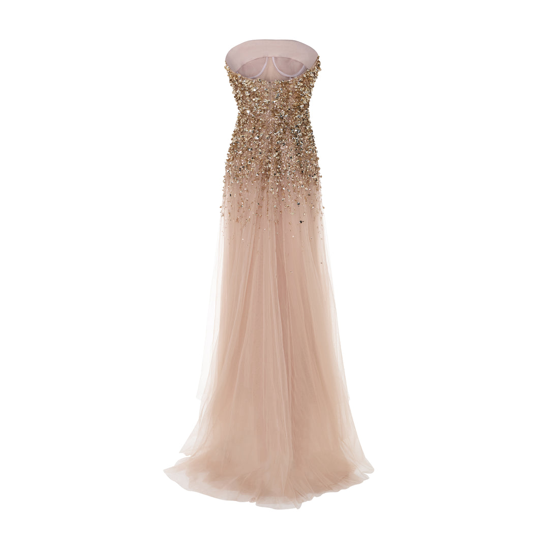 ODALYS - STRAPLESS GOLD EMBROIDERED GOWN WITH TULLE BOTTOM