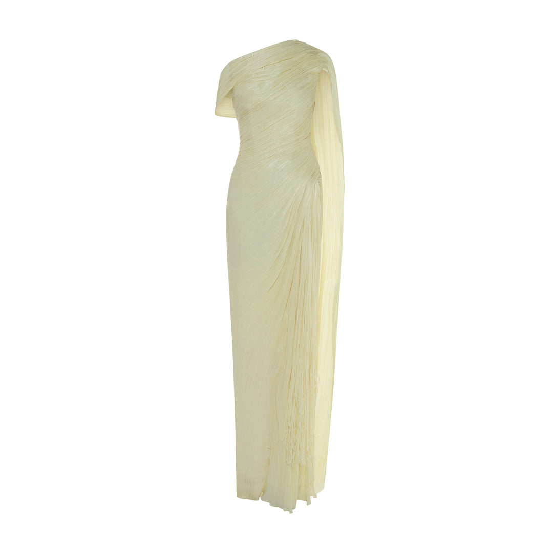 LEANDRA - ASYMMETRICAL PLEATED SILK GOWN WITH FRINGES AND ONE-SHOULDER CAPE