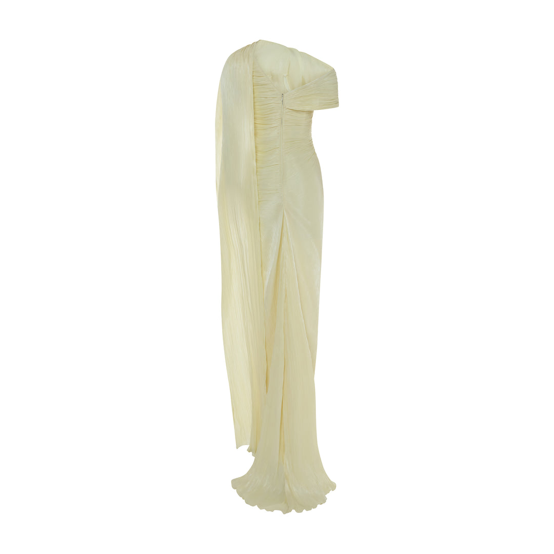 LEANDRA - ASYMMETRICAL PLEATED SILK GOWN WITH FRINGES AND ONE-SHOULDER CAPE