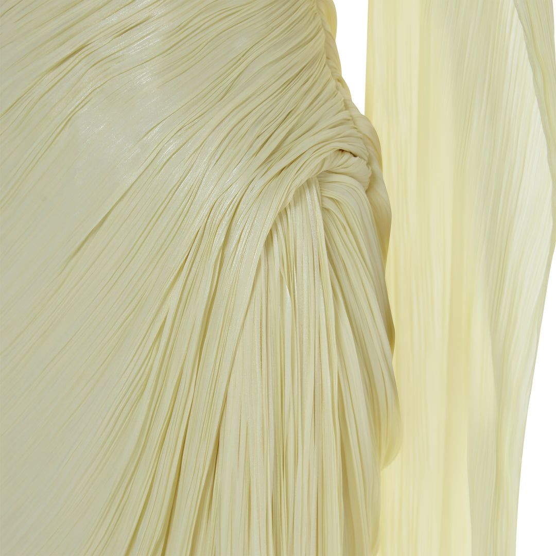 LEANDRA - ASYMMETRICAL PLEATED SILK GOWN WITH FRINGES AND ONE-SHOULDER CAPE