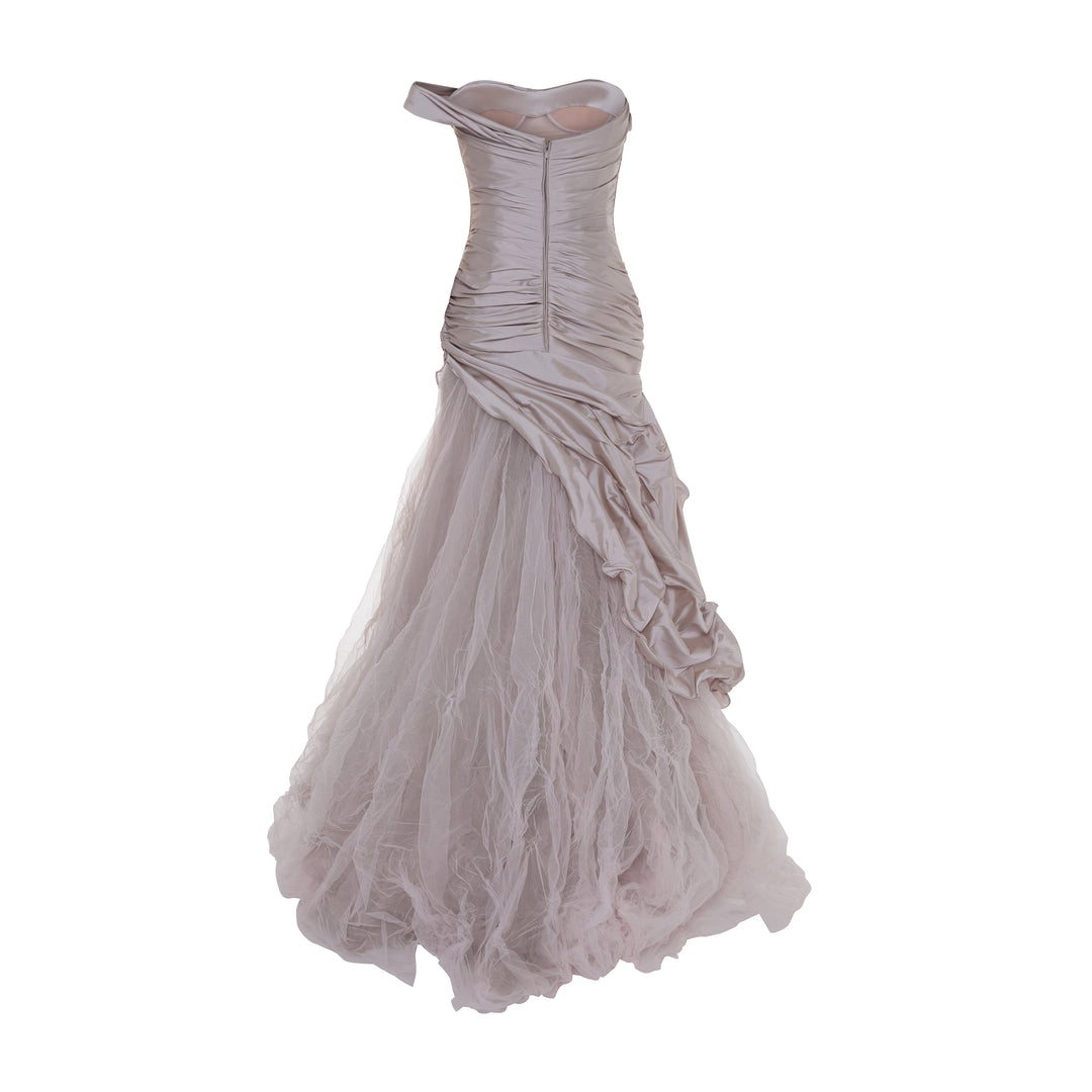 SELENA - ONE-SHOULDER PLEATED TAFFETA FISHTAIL GOWN WITH TULLE SKIRT