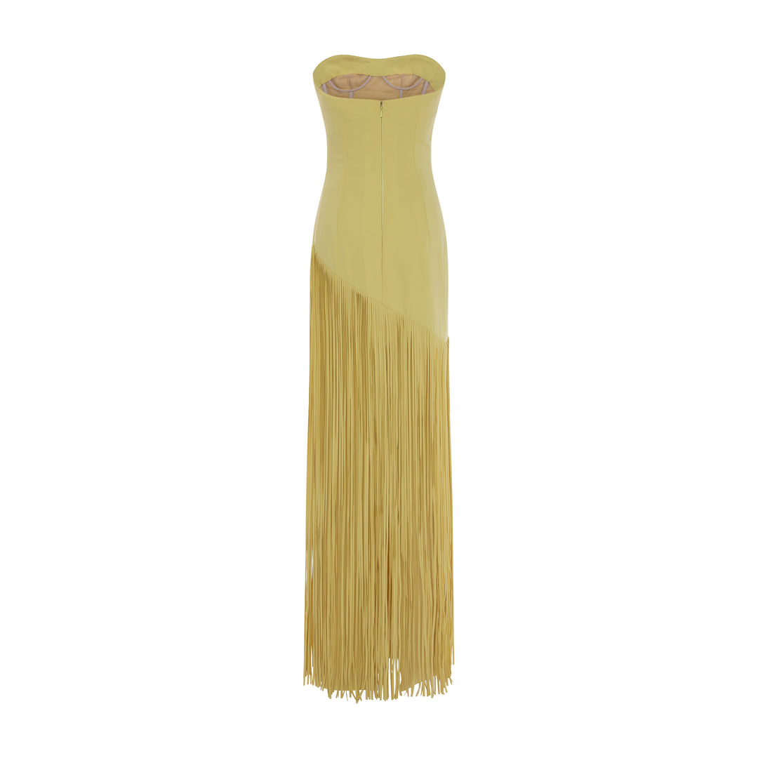 GISELLE - STRAPLESS CREPE GOWN WITH LASER-CUT FRINGES AND CAPE