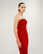 Load image into Gallery viewer, STRAPLESS ASYMMETRCAL CREPE GOWN WITH EMBROIDERED PETALS