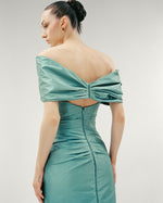 Load image into Gallery viewer, OFF SHOULDER TAFFETA DRAPED DRESS