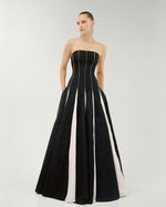 Load image into Gallery viewer, STRAPLESS A-LINE TAFFETA DRESS WITH PIPING PLEATED DETAIL