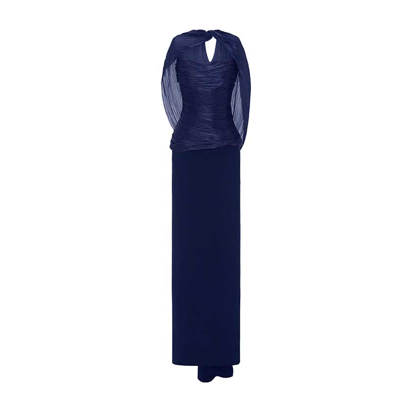 HAND-PLEATED SILK FABRIC AND CREPE SKIRT WITH A DETACHABLE CAPE