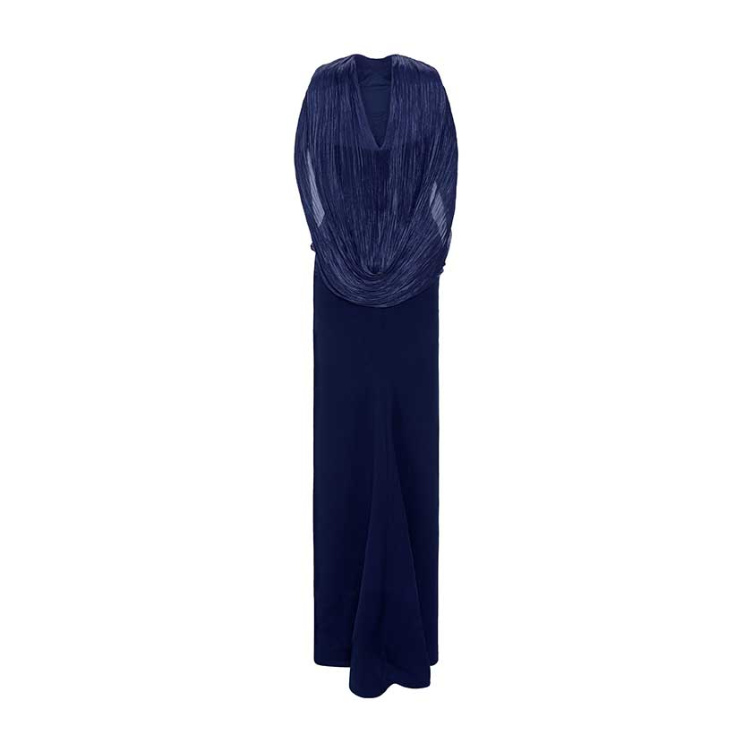HAND-PLEATED SILK FABRIC AND CREPE SKIRT WITH A DETACHABLE CAPE