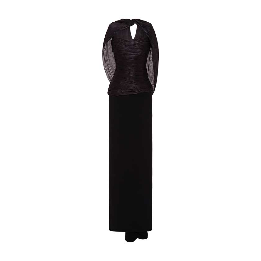 HAND-PLEATED SILK FABRIC AND CREPE SKIRT WITH A DETACHABLE CAPE