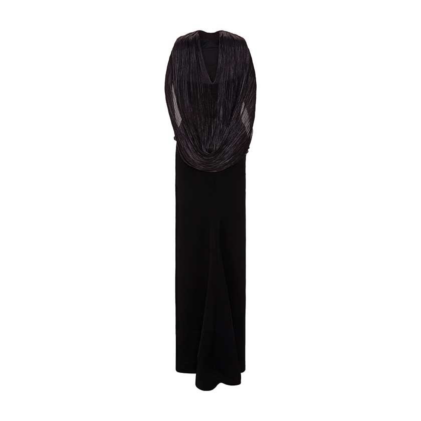 HAND-PLEATED SILK FABRIC AND CREPE SKIRT WITH A DETACHABLE CAPE