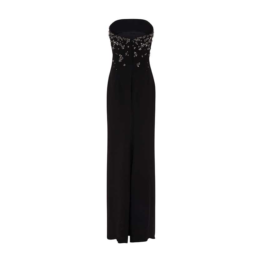 STRAPLESS CREPE GOWN WITH FRONT EMBROIDERY