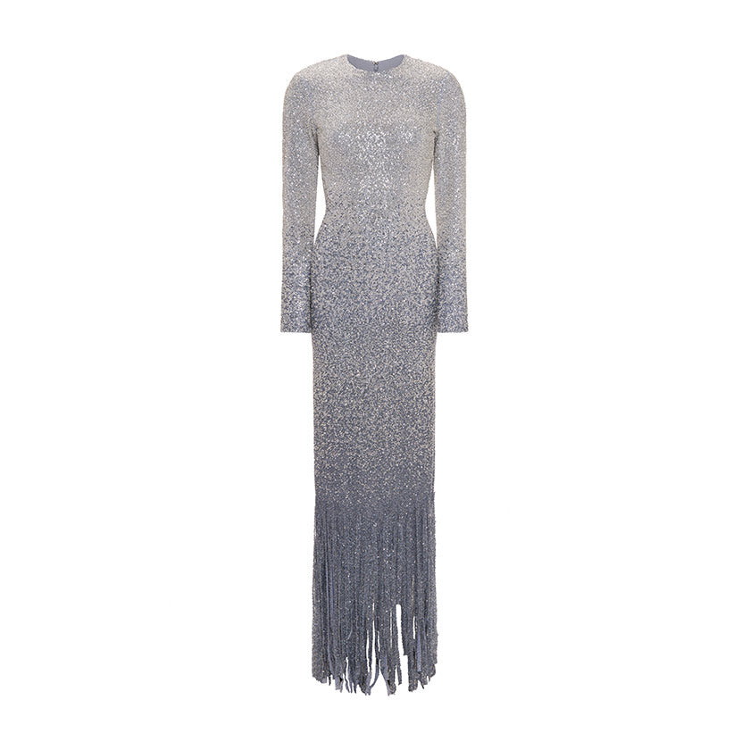 LONG -SLEEVED BEADED STONE GOWN WITH STRIP CUTS DOWN