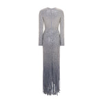 Load image into Gallery viewer, LONG -SLEEVED BEADED STONE GOWN WITH STRIP CUTS DOWN