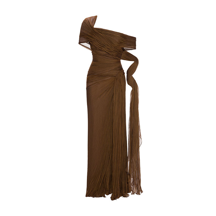 OFF-SHOULDER HAND-PLEATED CHIFFON