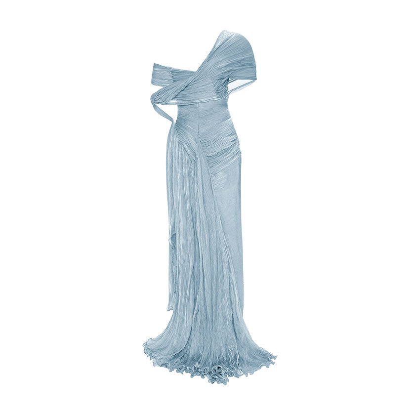 OFF-SHOULDER HAND-PLEATED CHIFFON