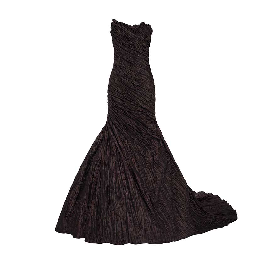 STRAPLESS CRUSH TAFFETA GOWN WITH DRAPED TAIL