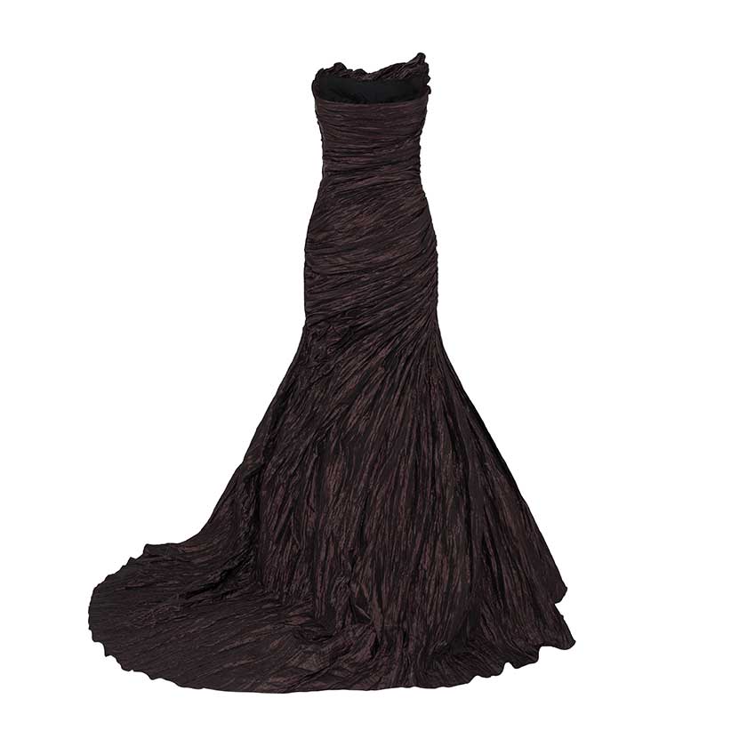 STRAPLESS CRUSH TAFFETA GOWN WITH DRAPED TAIL