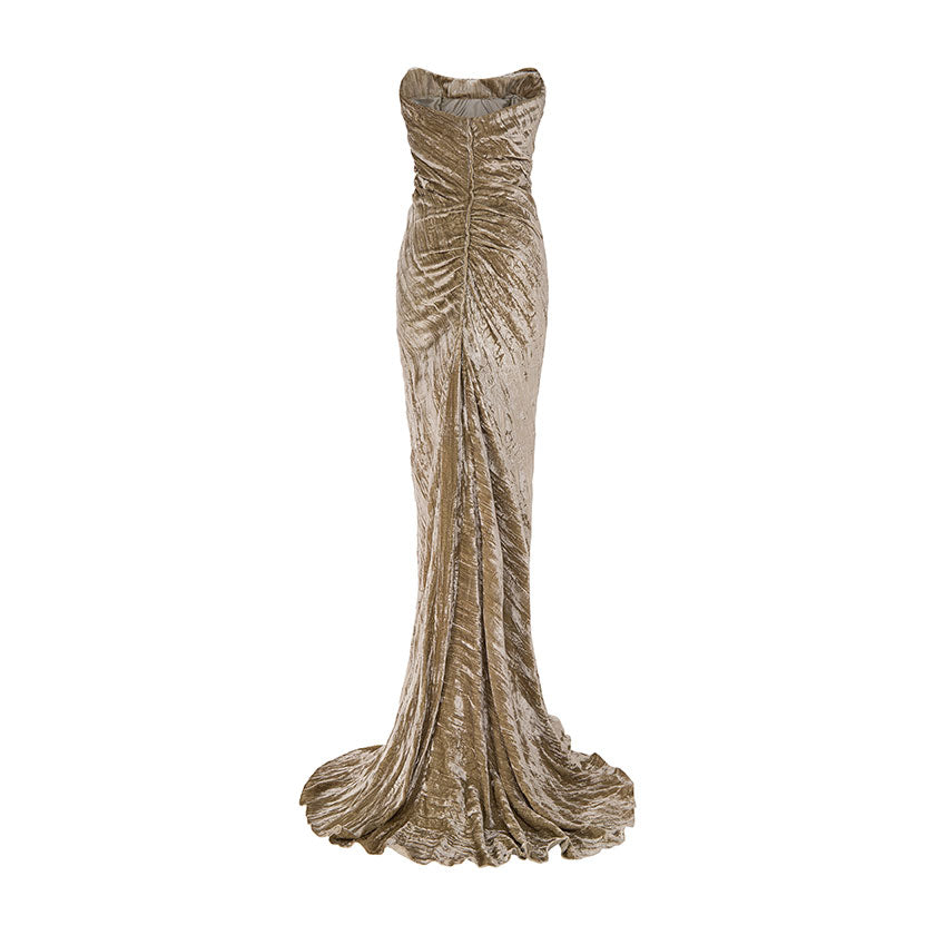 STRAPLESS DRAPED VELVET GOWN WITH BACK TAIL
