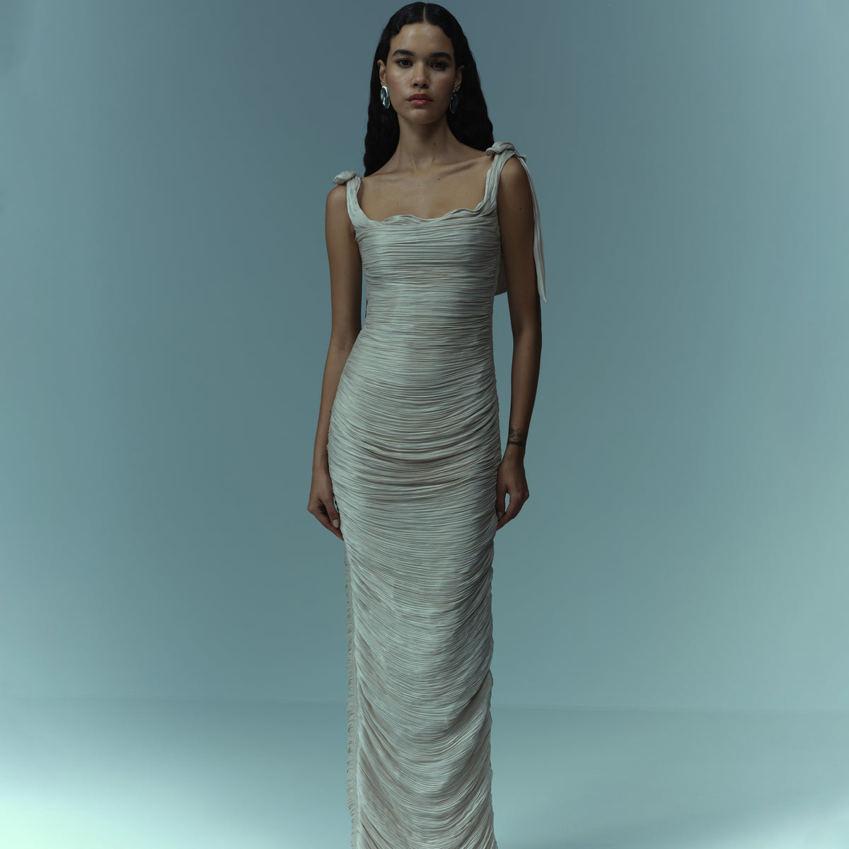 Hand pleated draped satin-like gown with bow straps Pink / 34 / Roseya Hand pleated draped satin-like gown with bow straps Pink / 34 / Roseya