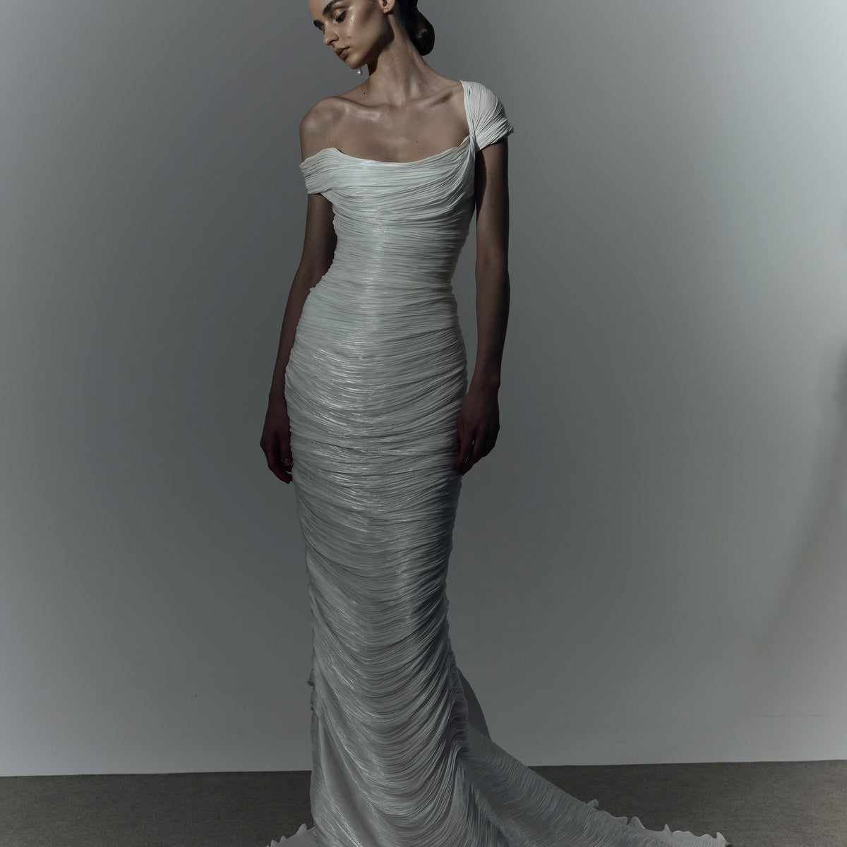 marmar halim off the shoulder dresses Off shoulder hand pleated draped Satin