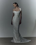 Load image into Gallery viewer, Off shoulder hand pleated draped Satin - like gown