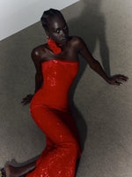 Load image into Gallery viewer, Strapless full Payette fitted gown with flower neck piece