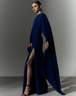 Load image into Gallery viewer, Long sleeve draped Crepe gown with slit