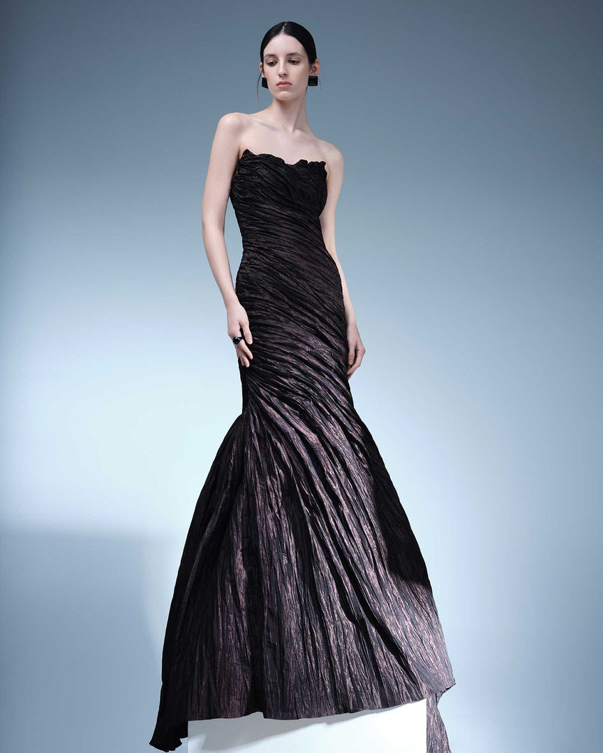 STRAPLESS CRUSH TAFFETA GOWN WITH DRAPED TAIL