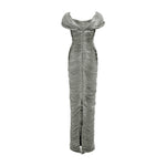 Load image into Gallery viewer, Off shoulder, hand pleated draped Satin-like gown with soft wires on top