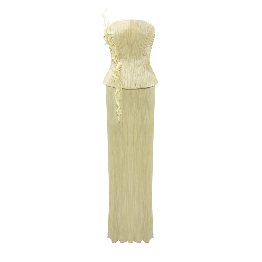 Strapless Hand Pleated Silk Dress With Embroidery