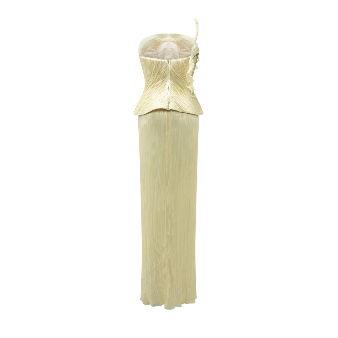 Strapless Hand Pleated Silk Dress With Embroidery