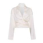 Load image into Gallery viewer, Plunged neckline long sleeve draped Satin wrap silhouette top
