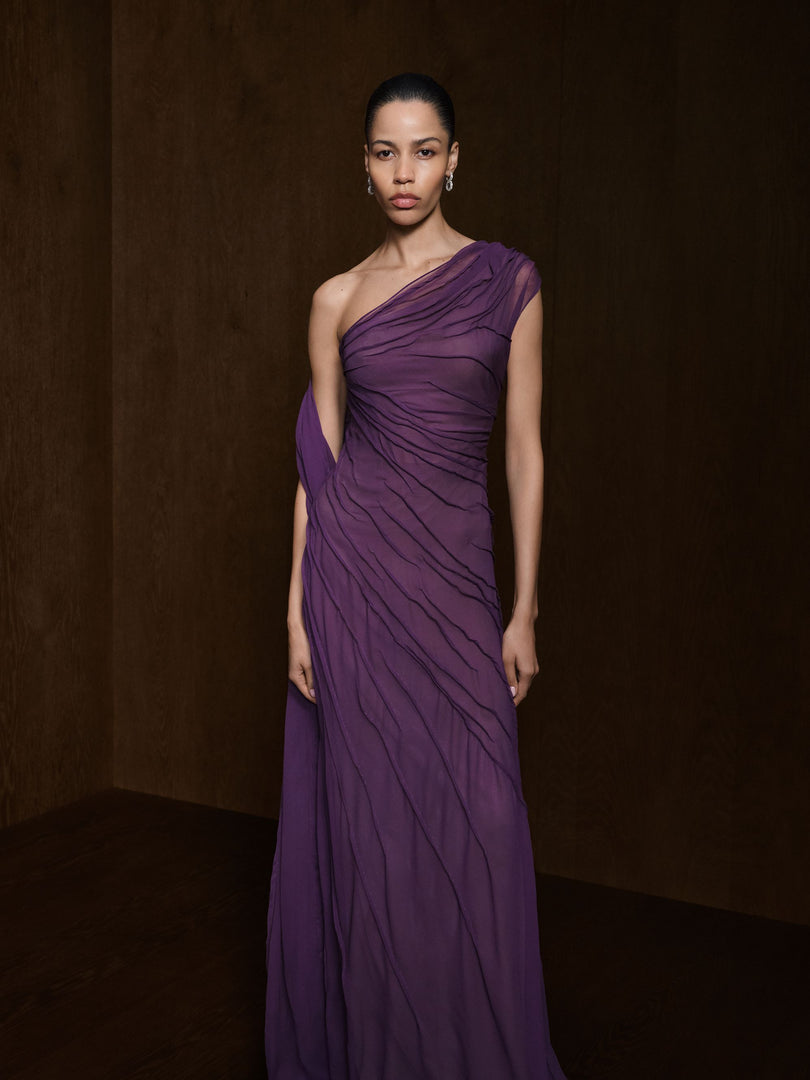 one shoulder georgette dress Silk Georgette One Shoulder Cascade Gown 10 / Persian Blue GO