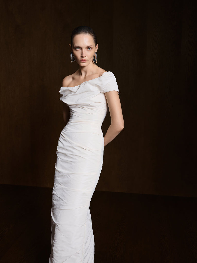 Off-Shoulder Taffeta Dress With Wire Outline