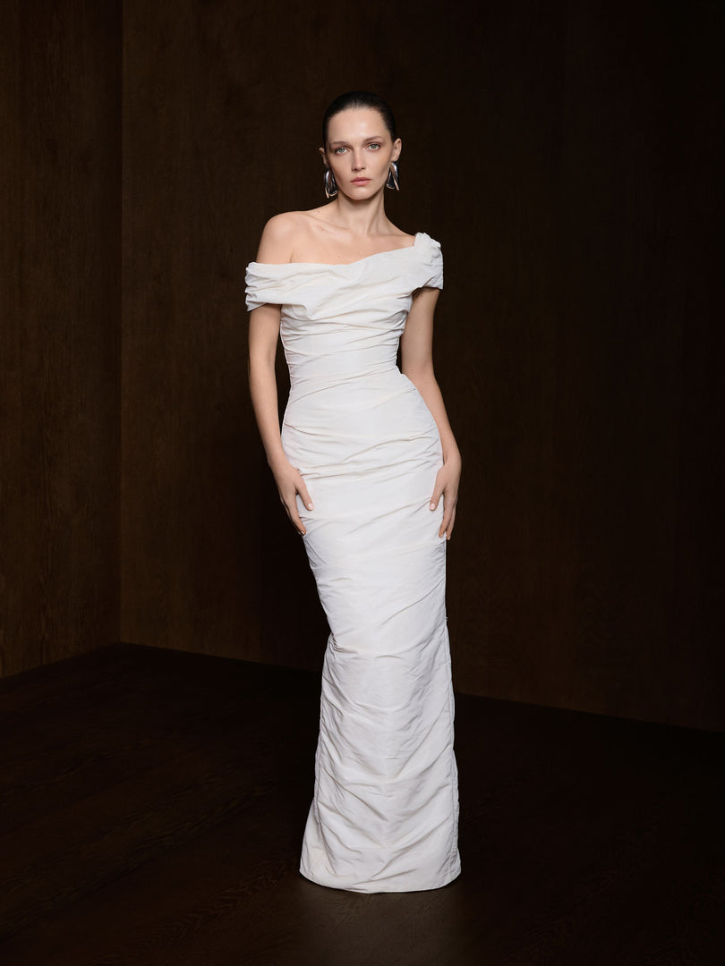 Off-Shoulder Taffeta Dress With Wire Outline
