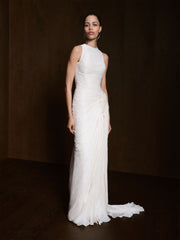 High Neck Pleated Satin Dress