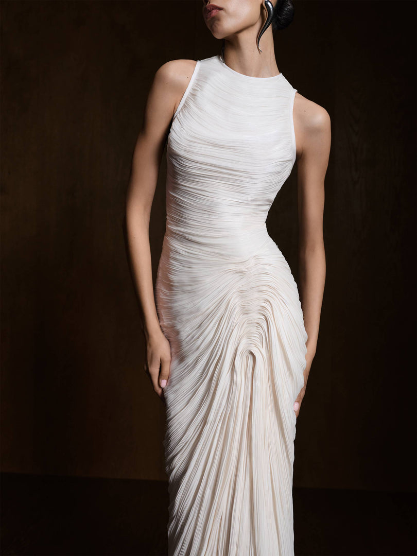 High Neck Pleated Satin Dress